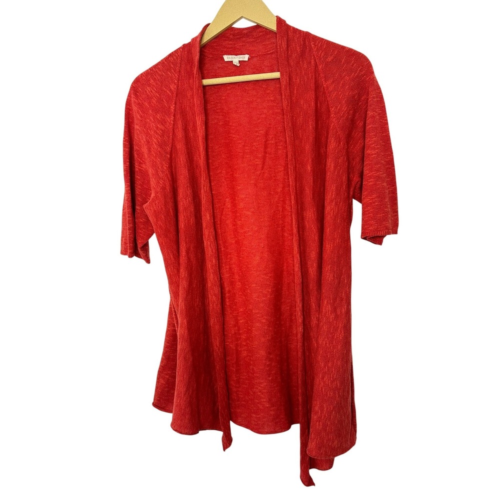 Eileen Fisher linen Cardigan Womens Medium Red Short Sleeve Open Front Knit